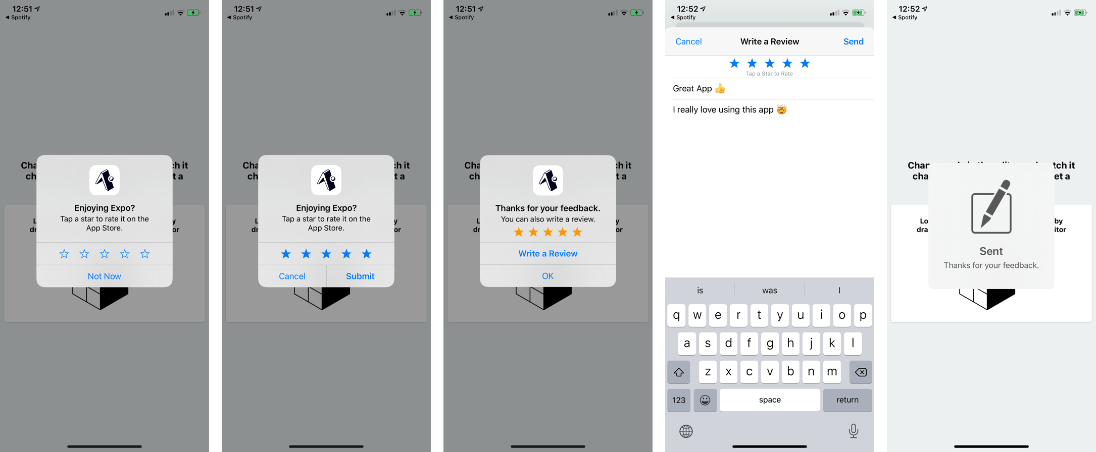 Screenshots of the store review API in action on iOS